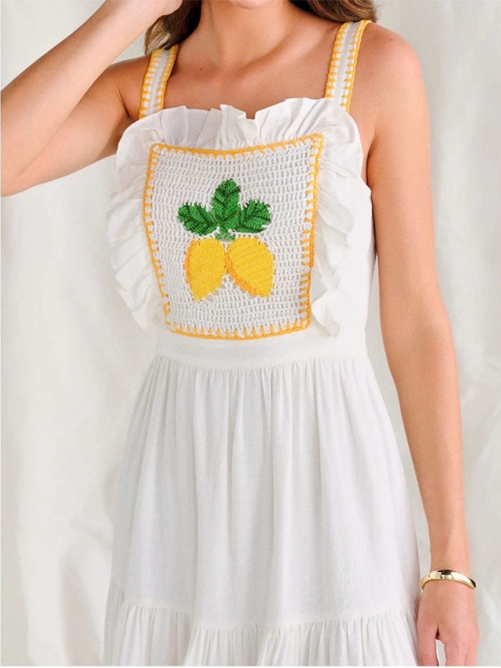Saylor Kathy Midi Cotton Dress Lemon print Embroidered white summer Sz M Coastal - Picture 3 of 12